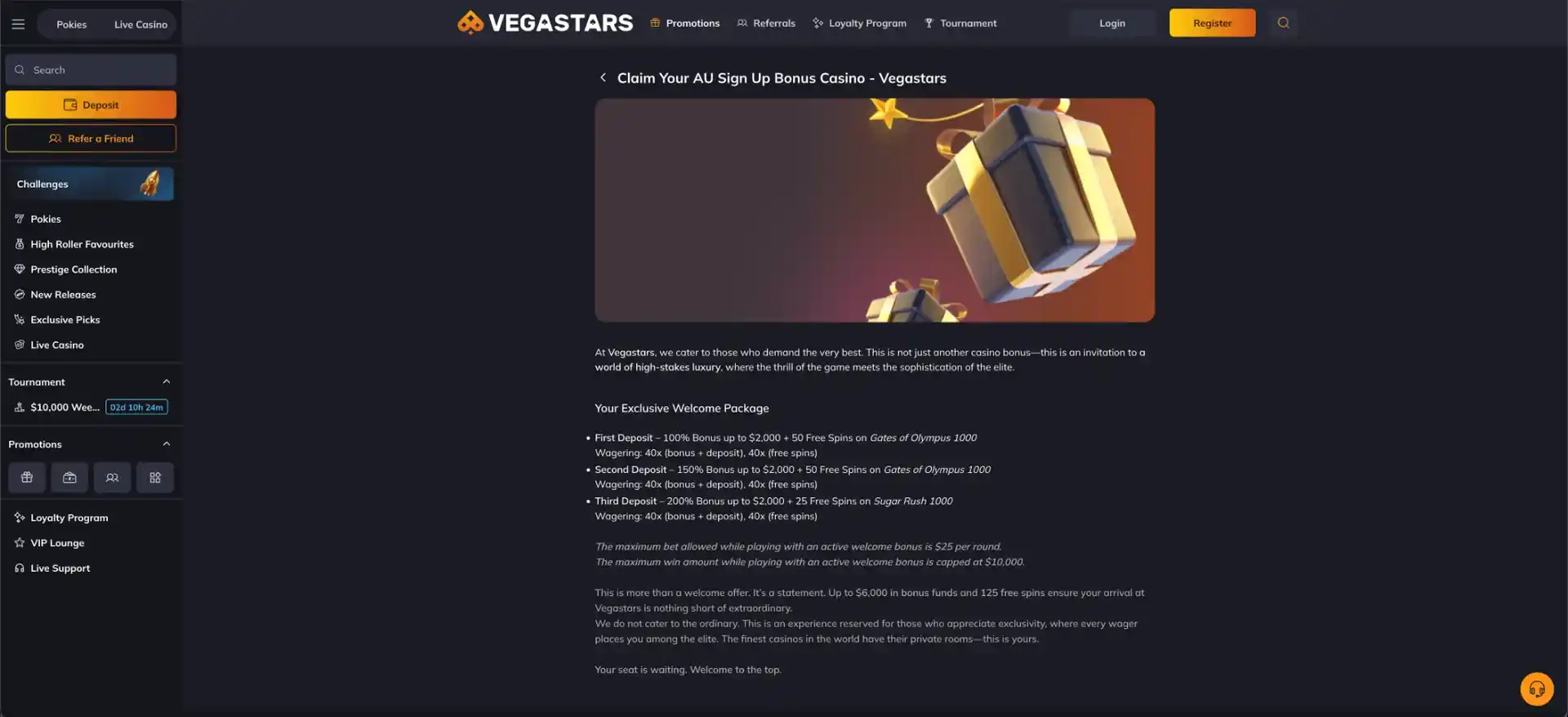 Welcome bonus after registration at Vegastars casino