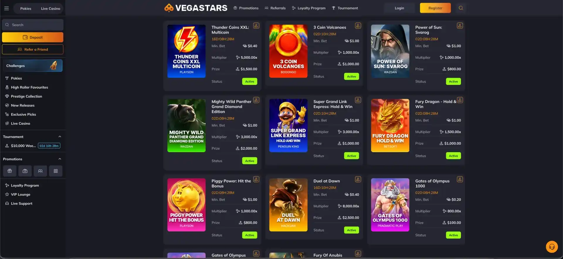 Challenges at Vegastars casino