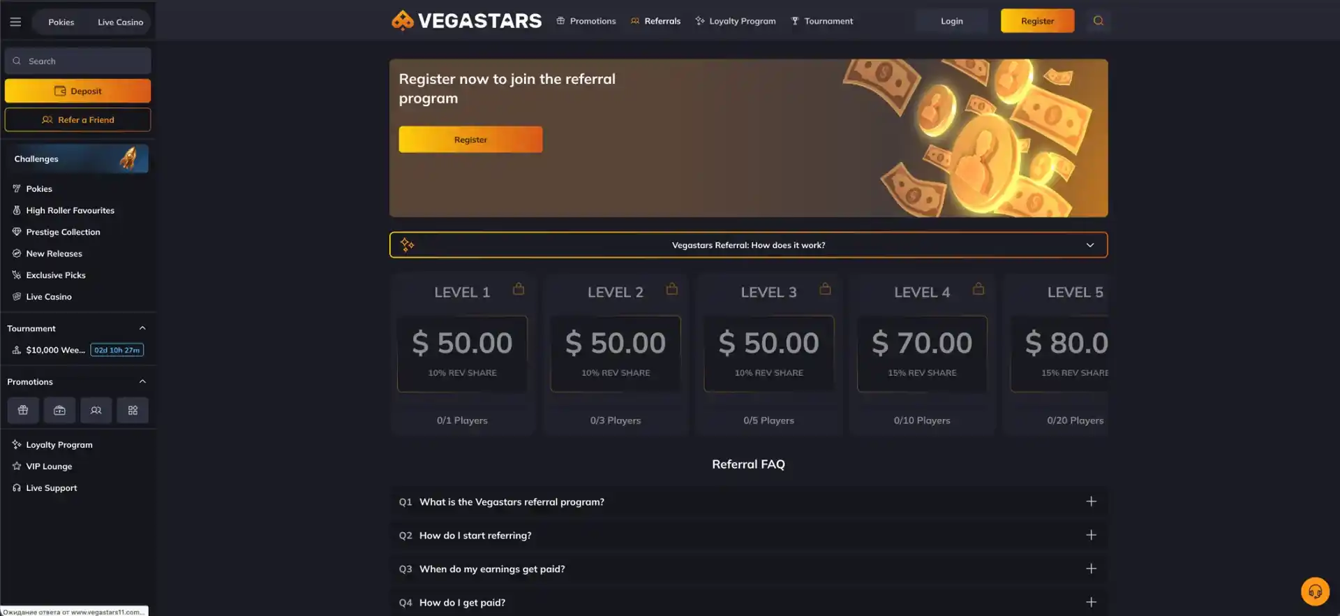 Use a referral code at registration at Vegastars casino
